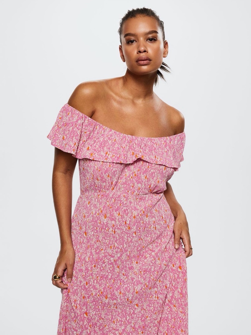 Mango Pink Floral One-Shoulder Ruffle Maxi Dress